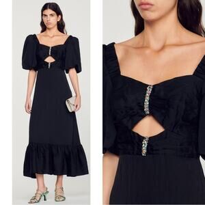 Sandro Crystal Embellished Puff Sleeve Black Midi Dress Size 4
